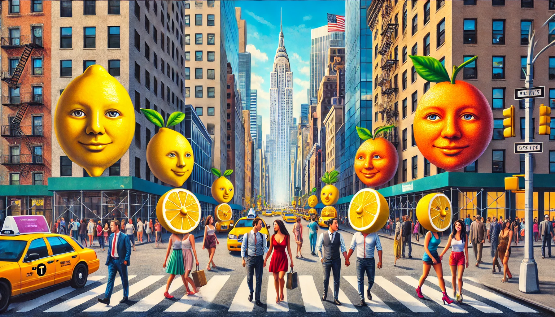 Manhattan with anthropomorphic fruit